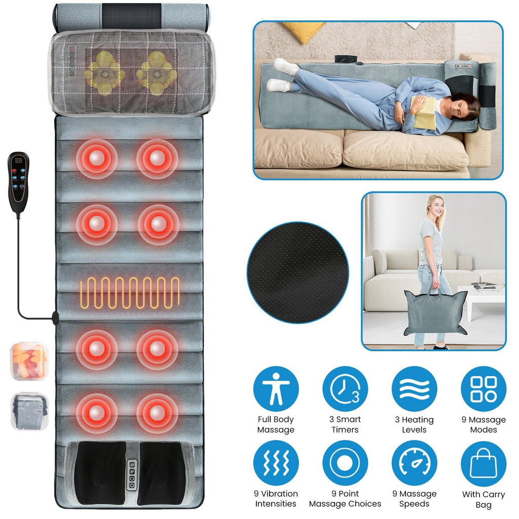 Full Body Electric Massage Mat Heating Vibration Massage Pad Cushion Back Massage Mattress Chair Pad with Neck Foot Massage Head Pillow and Cloth Lumbar Pillow Timer Anti-Slip Bottom Earplugs - Cool Brand Designs