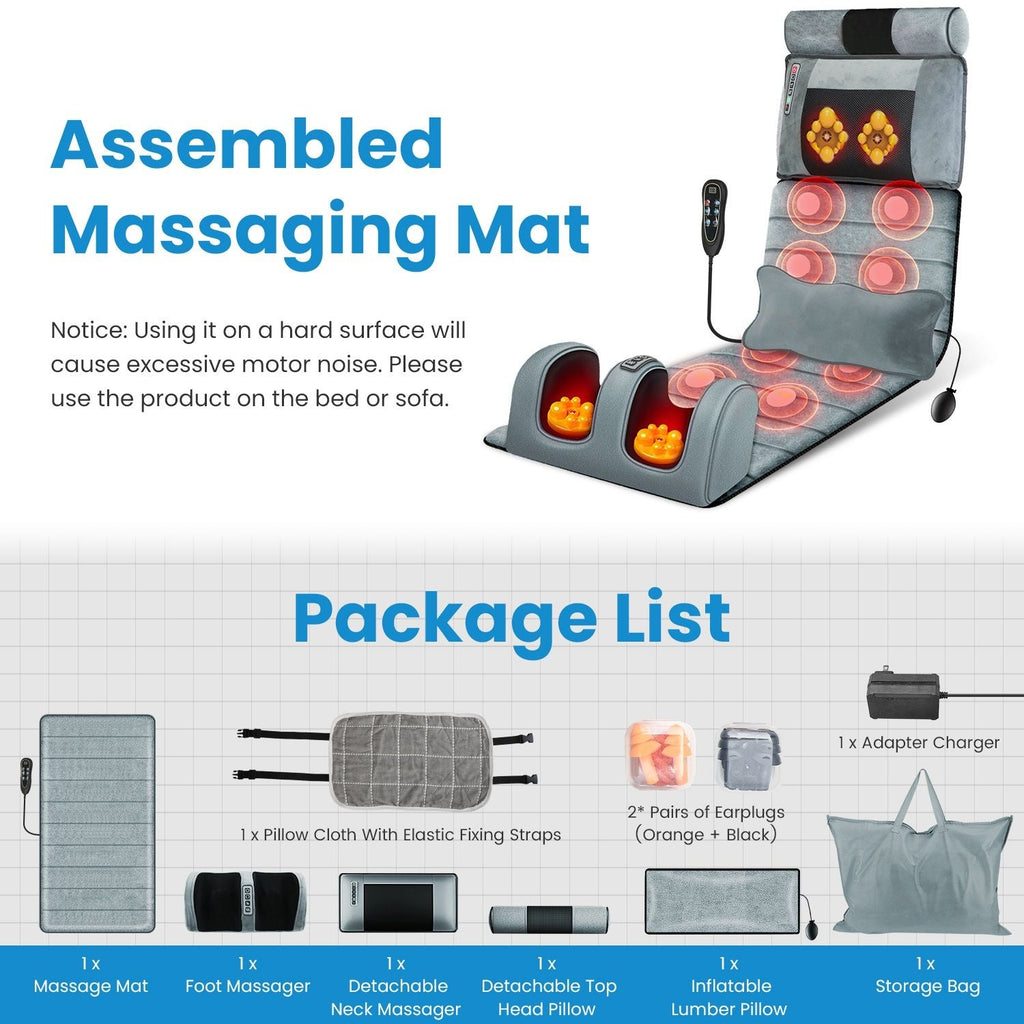Full Body Electric Massage Mat Heating Vibration Massage Pad Cushion Back Massage Mattress Chair Pad with Neck Foot Massage Head Pillow and Cloth Lumbar Pillow Timer Anti-Slip Bottom Earplugs - Cool Brand Designs