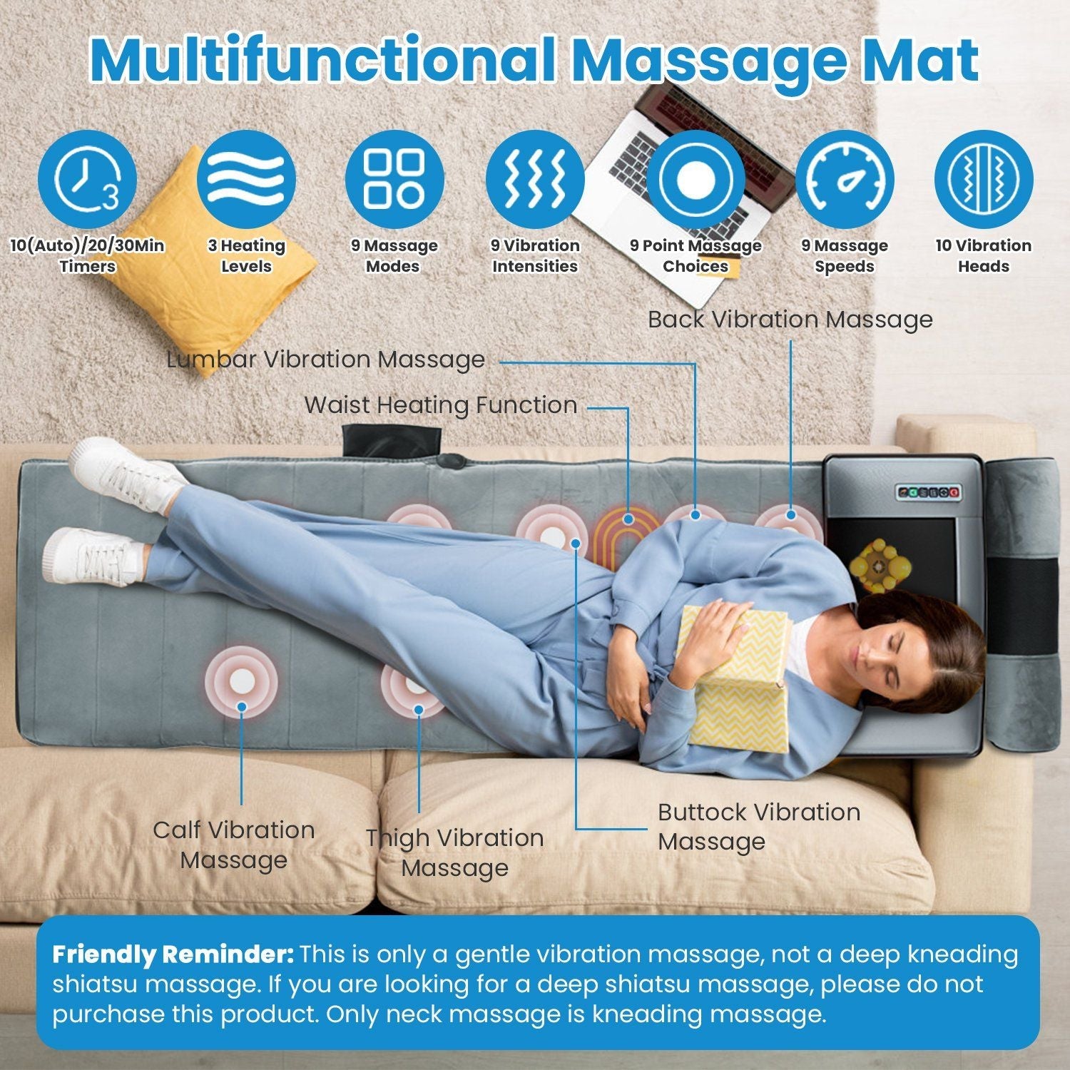 Full Body Electric Massage Mat Heating Vibration Massage Pad Cushion Back Massage Mattress Chair Pad with Neck Foot Massage Head Pillow and Cloth Lumbar Pillow Timer Anti-Slip Bottom Earplugs - Cool Brand Designs