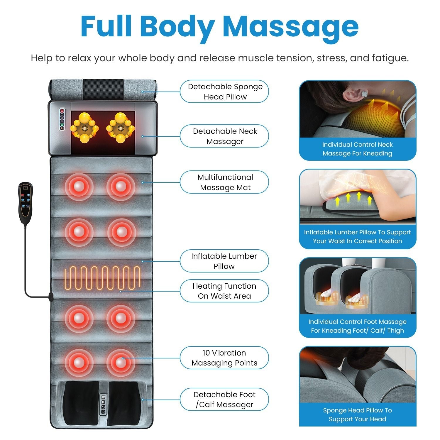 Full Body Electric Massage Mat Heating Vibration Massage Pad Cushion Back Massage Mattress Chair Pad with Neck Foot Massage Head Pillow and Cloth Lumbar Pillow Timer Anti-Slip Bottom Earplugs - Cool Brand Designs