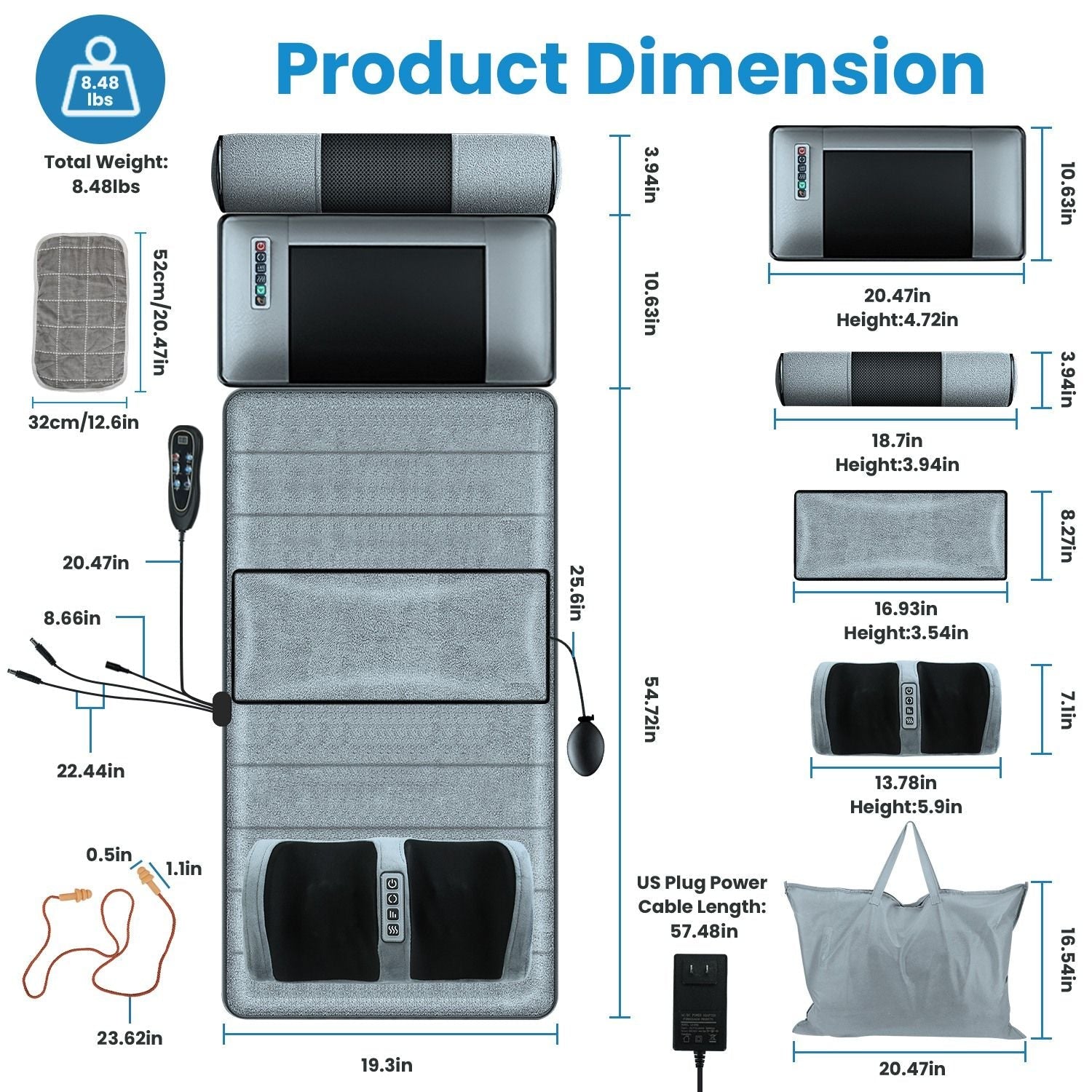 Full Body Electric Massage Mat Heating Vibration Massage Pad Cushion Back Massage Mattress Chair Pad with Neck Foot Massage Head Pillow and Cloth Lumbar Pillow Timer Anti-Slip Bottom Earplugs - Cool Brand Designs