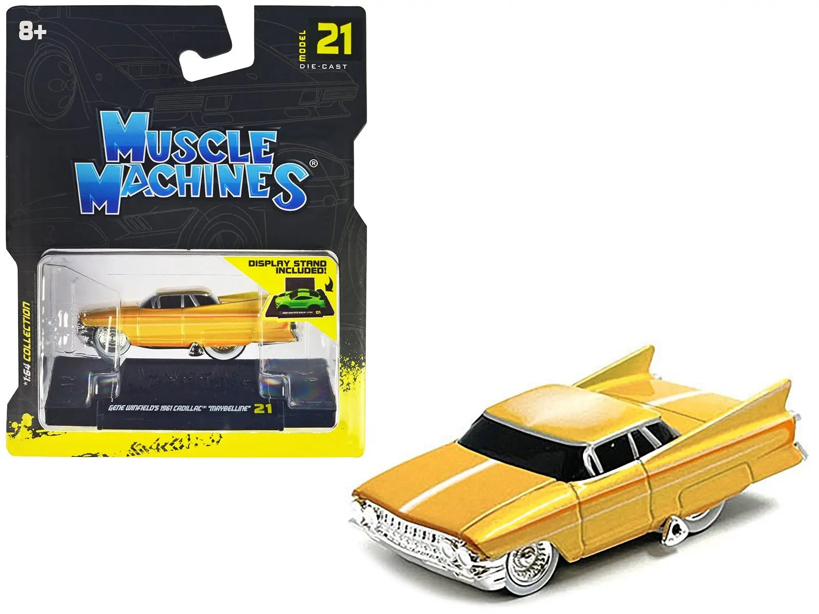 Gene Winfield's 1961 Cadillac Maybelline Yellow Metallic with White Stripes 1/64 Diecast Model Car by Muscle Machines - Cool Brand Designs