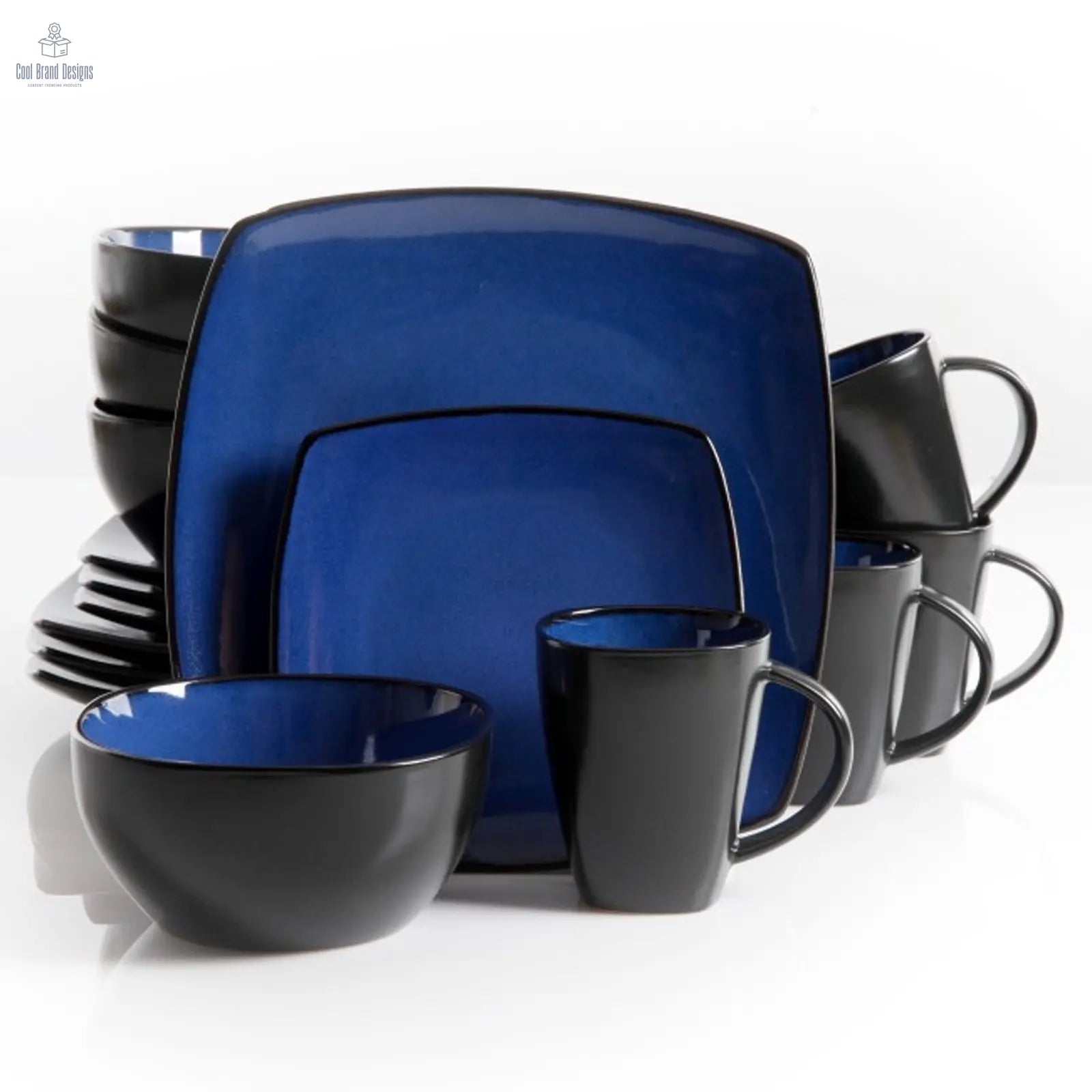 Gibson Soho Lounge 16 Piece Square Stoneware Dinnerware Set in Blue and Black GIBSON