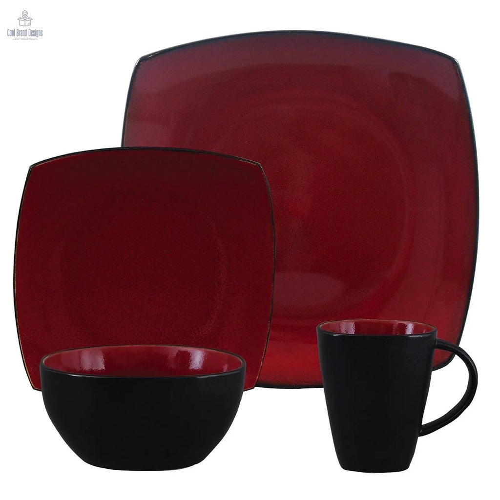 Gibson Soho Lounge 16 Piece Square Stoneware Dinnerware Set in Red and Black - Cool Brand Designs