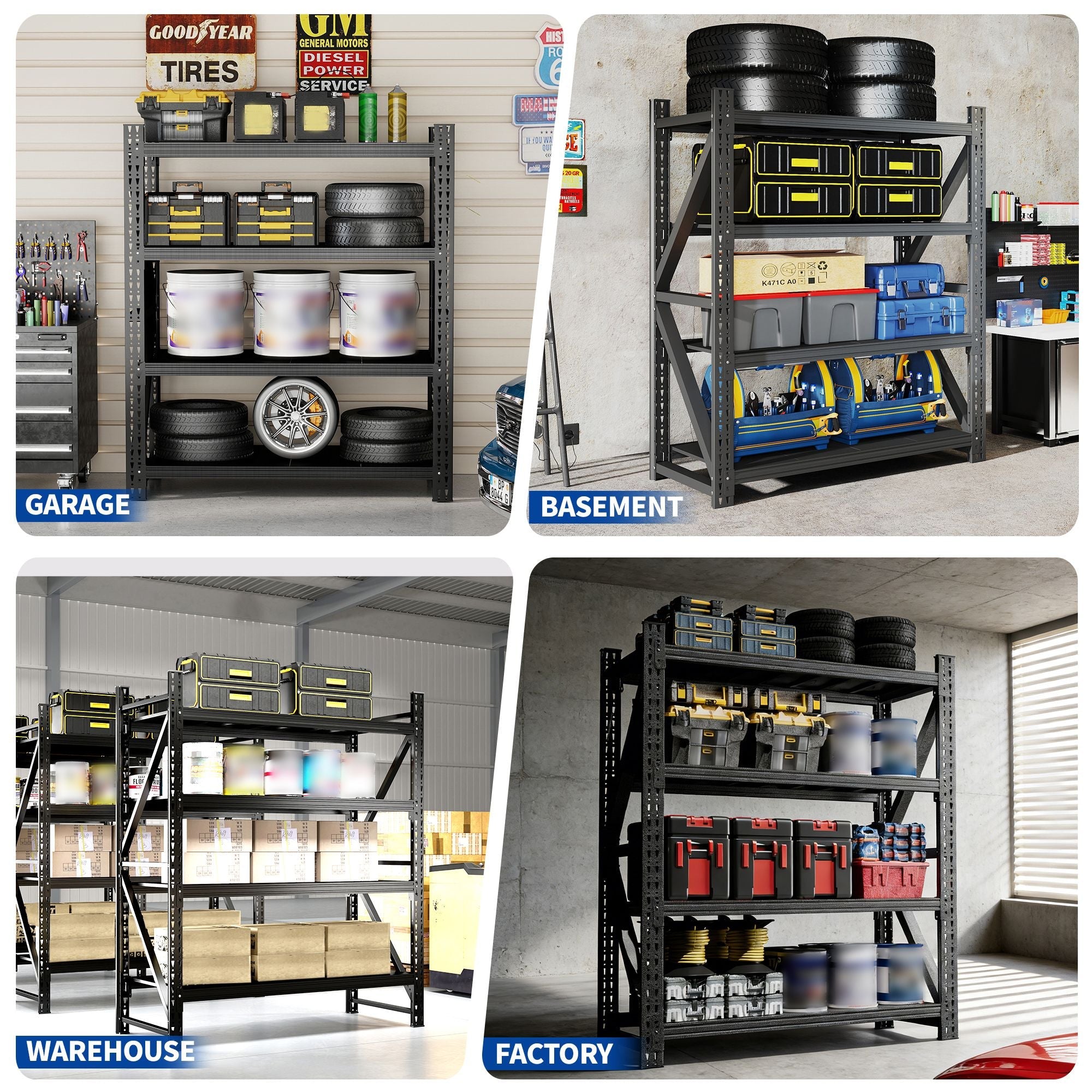 Heavy Duty Metal Adjustable Garage Shelves, 4000LBS Storage Rack (69"H x 59"W x 23.6"D) Industrial Shelving Unit for Warehouse, Black - Cool Brand Designs
