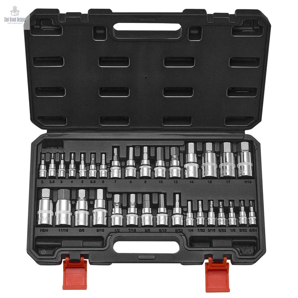 Hex Bit Socket Set, 32 - Piece, S2 Alloy Steel and Cr - V Steel, Standard SAE and Metric, 1/4 in, 3/8 in, and 1/2 in Drives, with Enhanced Storage Case, Allen Socket Set for Mechanics, Auto Repair - Cool Brand Designs