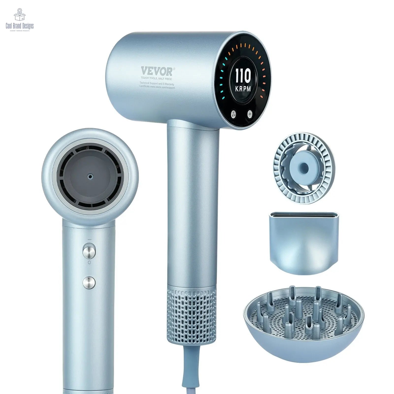 High-Speed Hair Dryer with 105,000RPM Brushless Motor, 200 Million Negative Ions Hair Blow Dryer, 4 Temps & 3 Speeds, LCD Display Thermo-Control Hairdryer with Diffuser & Nozzle for Home Travel VEVOR