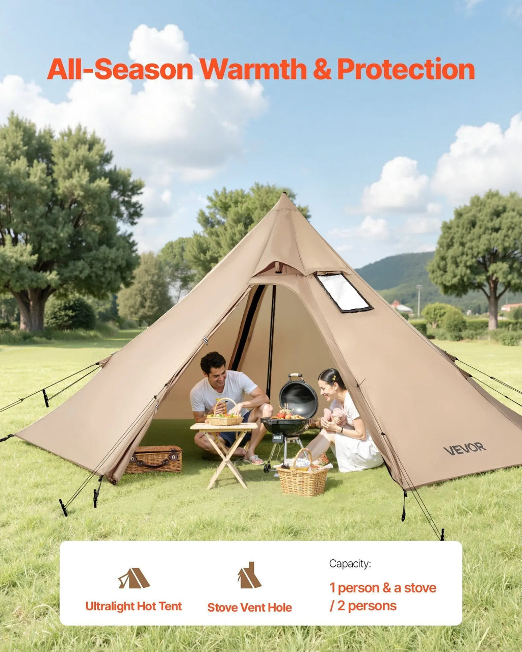 Hot Tent for 2 Persons, Portable Winter Tipi Tent with Stove Jack, Waterproof Camping Tents, Lightweight 4 Season Shelter Tents for Hiking Fishing Backpacking, S Size - Cool Brand Designs
