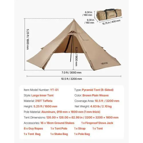 Hot Tent for 2 Persons, Portable Winter Tipi Tent with Stove Jack, Waterproof Camping Tents, Lightweight 4 Season Shelter Tents for Hiking Fishing Backpacking, S Size - Cool Brand Designs