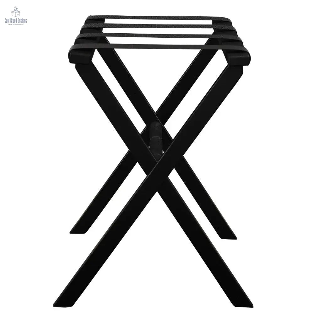 Hotel Black Finish Wood Folding Luggage Rack With Black Straps - Cool Brand Designs