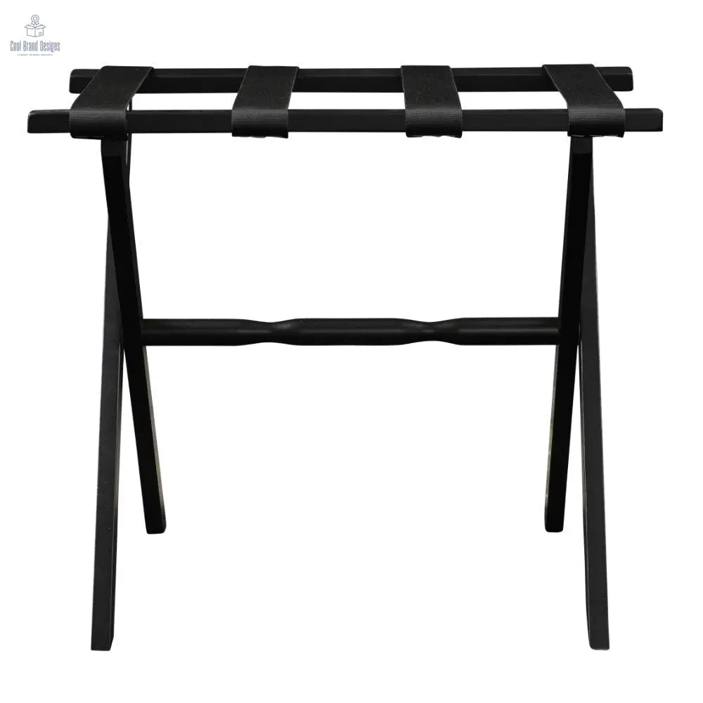 Hotel Black Finish Wood Folding Luggage Rack With Black Straps - Cool Brand Designs
