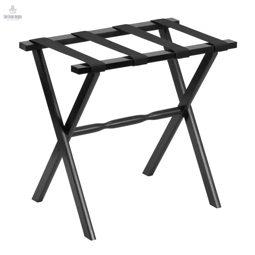 Hotel Black Finish Wood Folding Luggage Rack With Black Straps - Cool Brand Designs