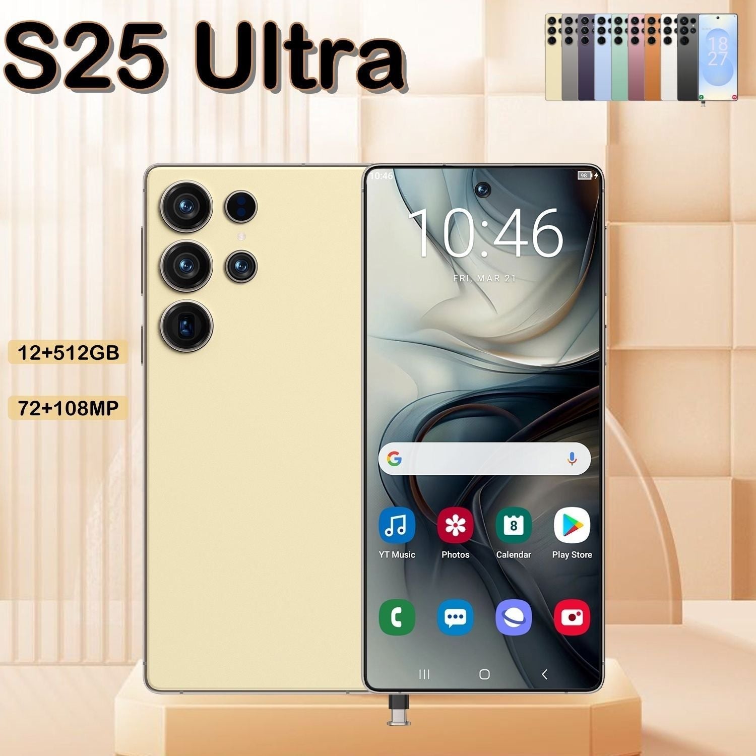 I25 Ultra 5G Smartphone, 12+512GB Unlocked Cell Phone, 6.8" HD Screen Unlocked Phones, , 6000mAh Battery, Built in Pen, Android 14, Face ID+Fingerprint Lock(Golden) - Cool Brand Designs