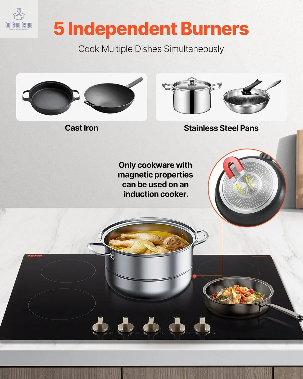 Induction Cooktop, 9200W Electric Countertop Burner, 5 Burner Knob Control Stove, Built - in Induction Cooktop with 12 Temperature Settings, Glass Surface, Auto Shut - Off - Cool Brand Designs