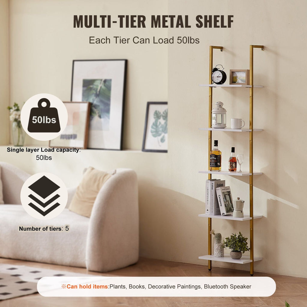 Ladder Shelf, 5-Tier Bookshelf 15.6x11.8in, Open Wall-Mounted Ladder Shelf with Metal Frame,Storage Rack Sundries Holder for Kitchen Bedroom Bathroom Living Room, Gold White - Cool Brand Designs