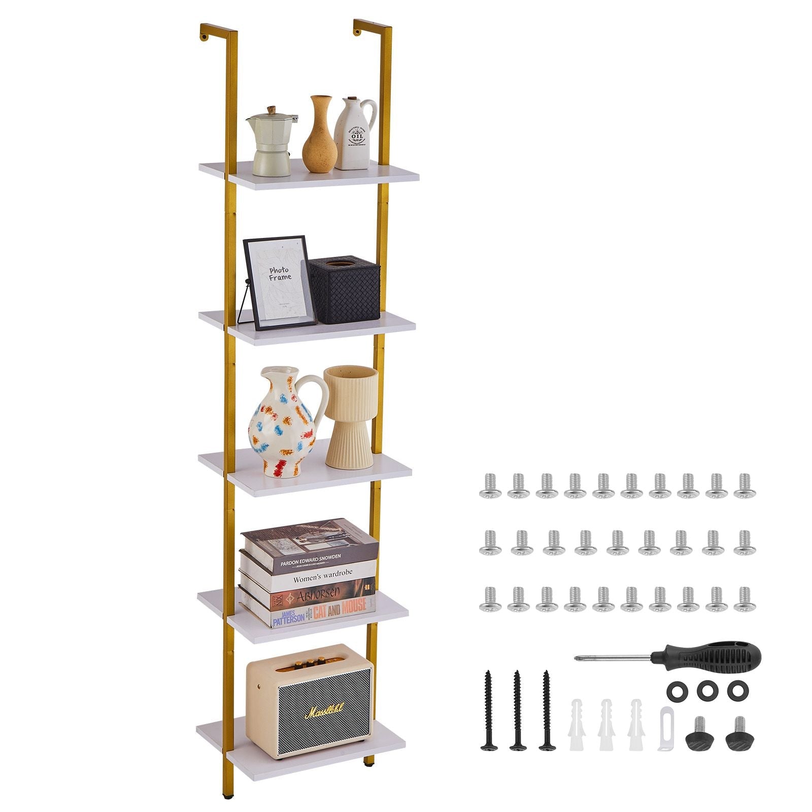Ladder Shelf, 5-Tier Bookshelf 15.6x11.8in, Open Wall-Mounted Ladder Shelf with Metal Frame,Storage Rack Sundries Holder for Kitchen Bedroom Bathroom Living Room, Gold White - Cool Brand Designs