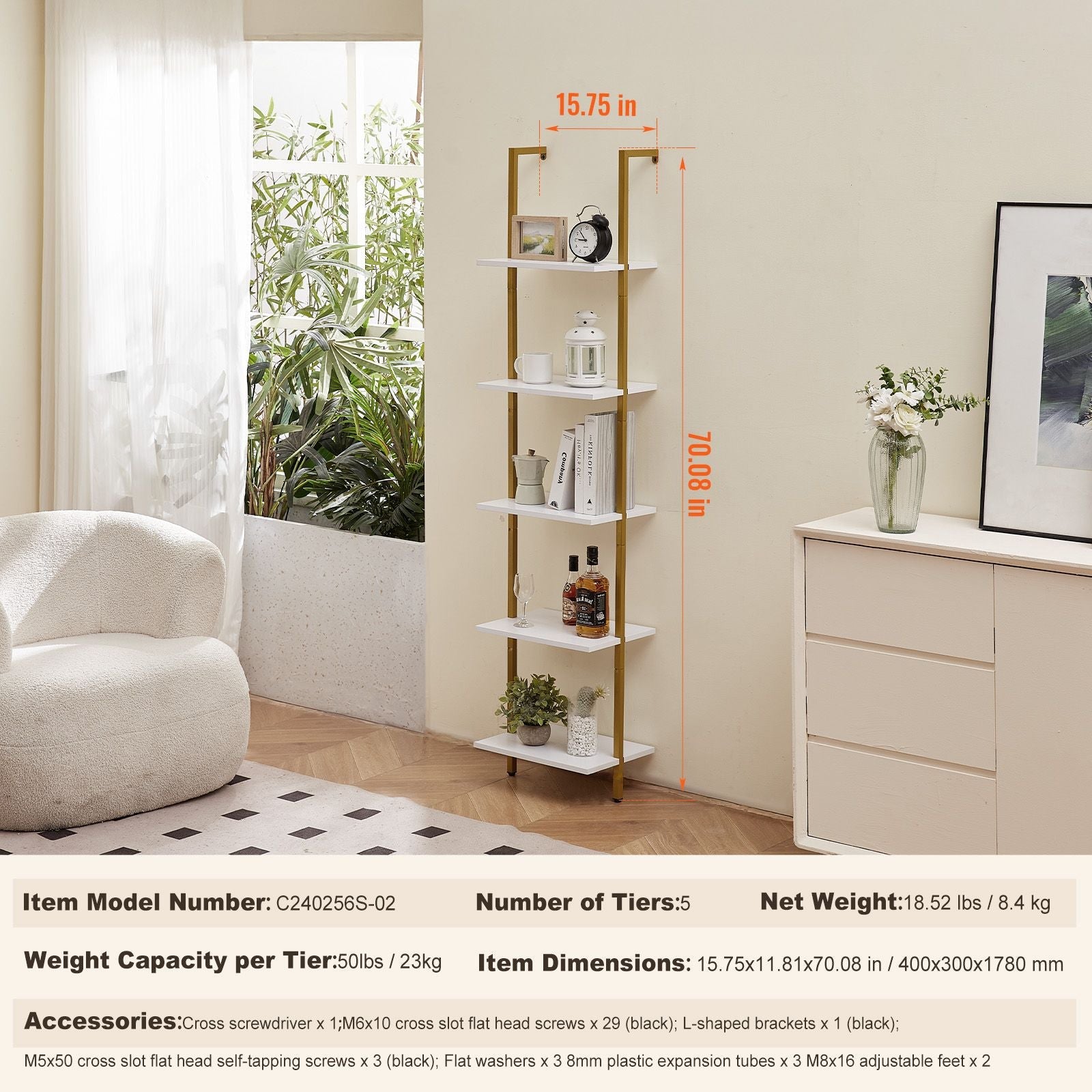 Ladder Shelf, 5-Tier Bookshelf 15.6x11.8in, Open Wall-Mounted Ladder Shelf with Metal Frame,Storage Rack Sundries Holder for Kitchen Bedroom Bathroom Living Room, Gold White - Cool Brand Designs