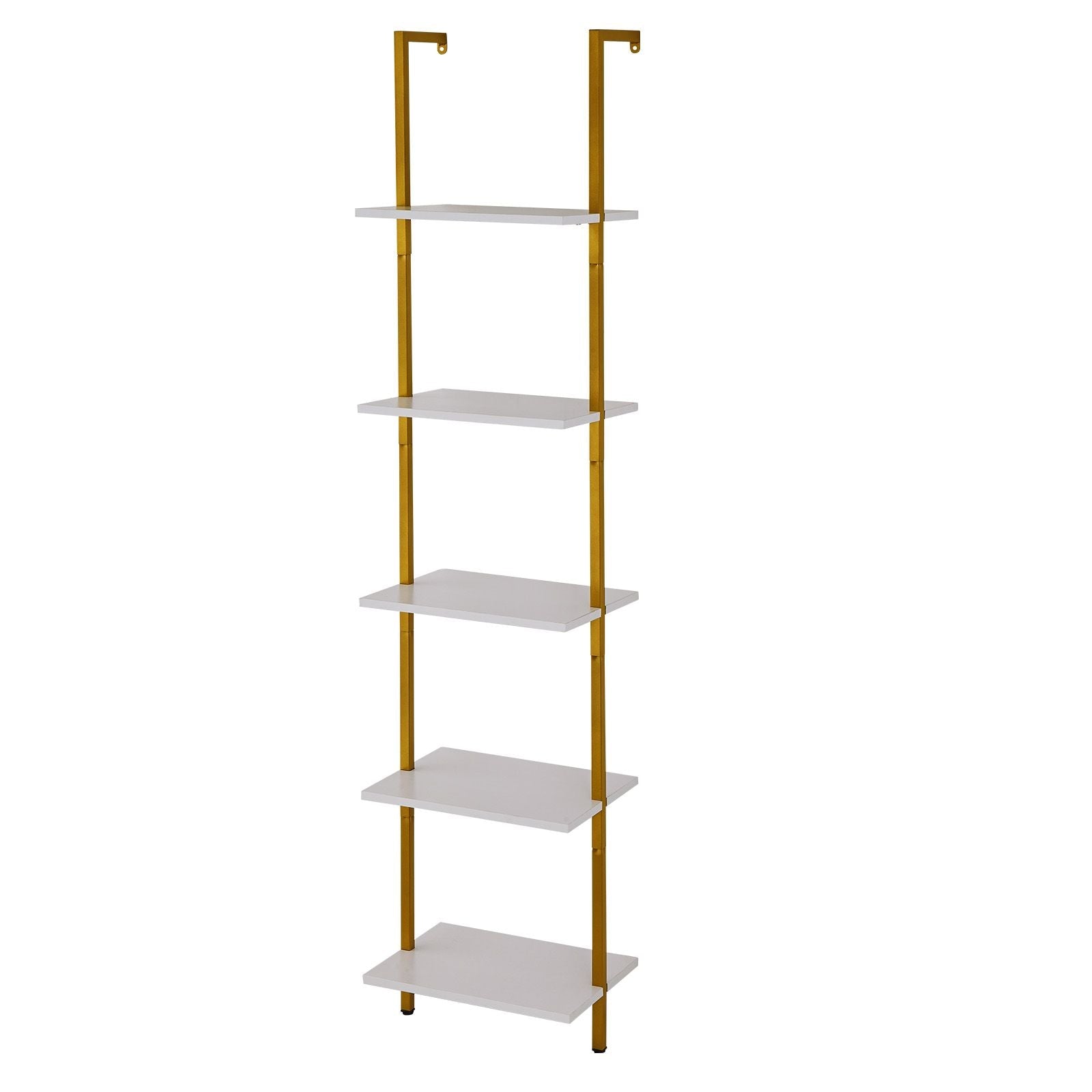 Ladder Shelf, 5-Tier Bookshelf 15.6x11.8in, Open Wall-Mounted Ladder Shelf with Metal Frame,Storage Rack Sundries Holder for Kitchen Bedroom Bathroom Living Room, Gold White - Cool Brand Designs