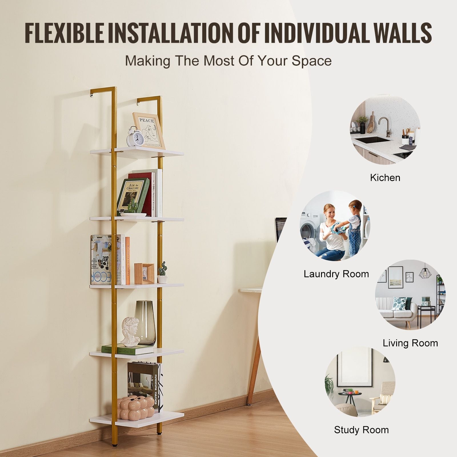 Ladder Shelf, 5-Tier Bookshelf 15.6x11.8in, Open Wall-Mounted Ladder Shelf with Metal Frame,Storage Rack Sundries Holder for Kitchen Bedroom Bathroom Living Room, Gold White - Cool Brand Designs