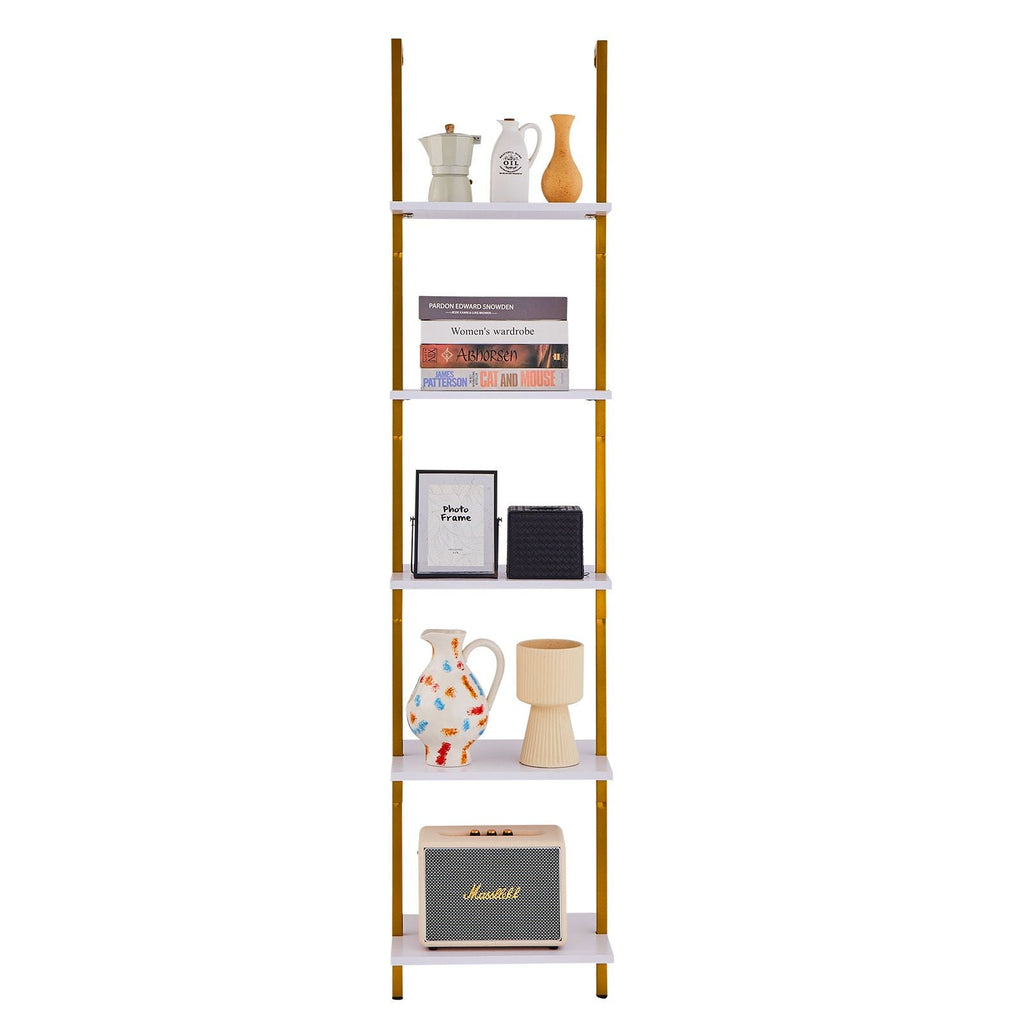 Ladder Shelf, 5-Tier Bookshelf 15.6x11.8in, Open Wall-Mounted Ladder Shelf with Metal Frame,Storage Rack Sundries Holder for Kitchen Bedroom Bathroom Living Room, Gold White - Cool Brand Designs