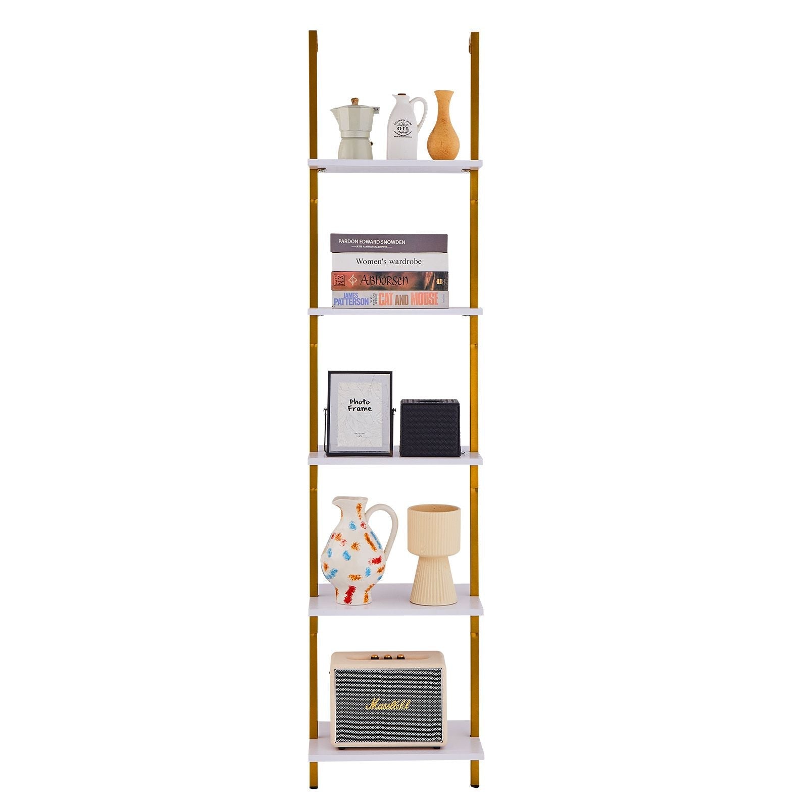 Ladder Shelf, 5-Tier Bookshelf 15.6x11.8in, Open Wall-Mounted Ladder Shelf with Metal Frame,Storage Rack Sundries Holder for Kitchen Bedroom Bathroom Living Room, Gold White - Cool Brand Designs