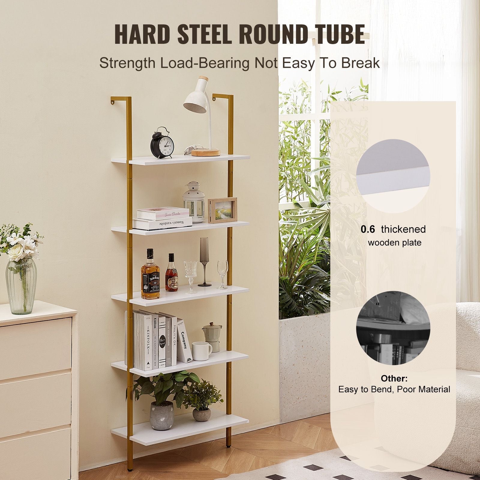 Ladder Shelf, 5-Tier Bookshelf 24x11.8in, Open Wall-Mounted Ladder Shelf with Metal Frame,Storage Rack Sundries Holder for Kitchen Bedroom Bathroom Living Room, Gold White - Cool Brand Designs