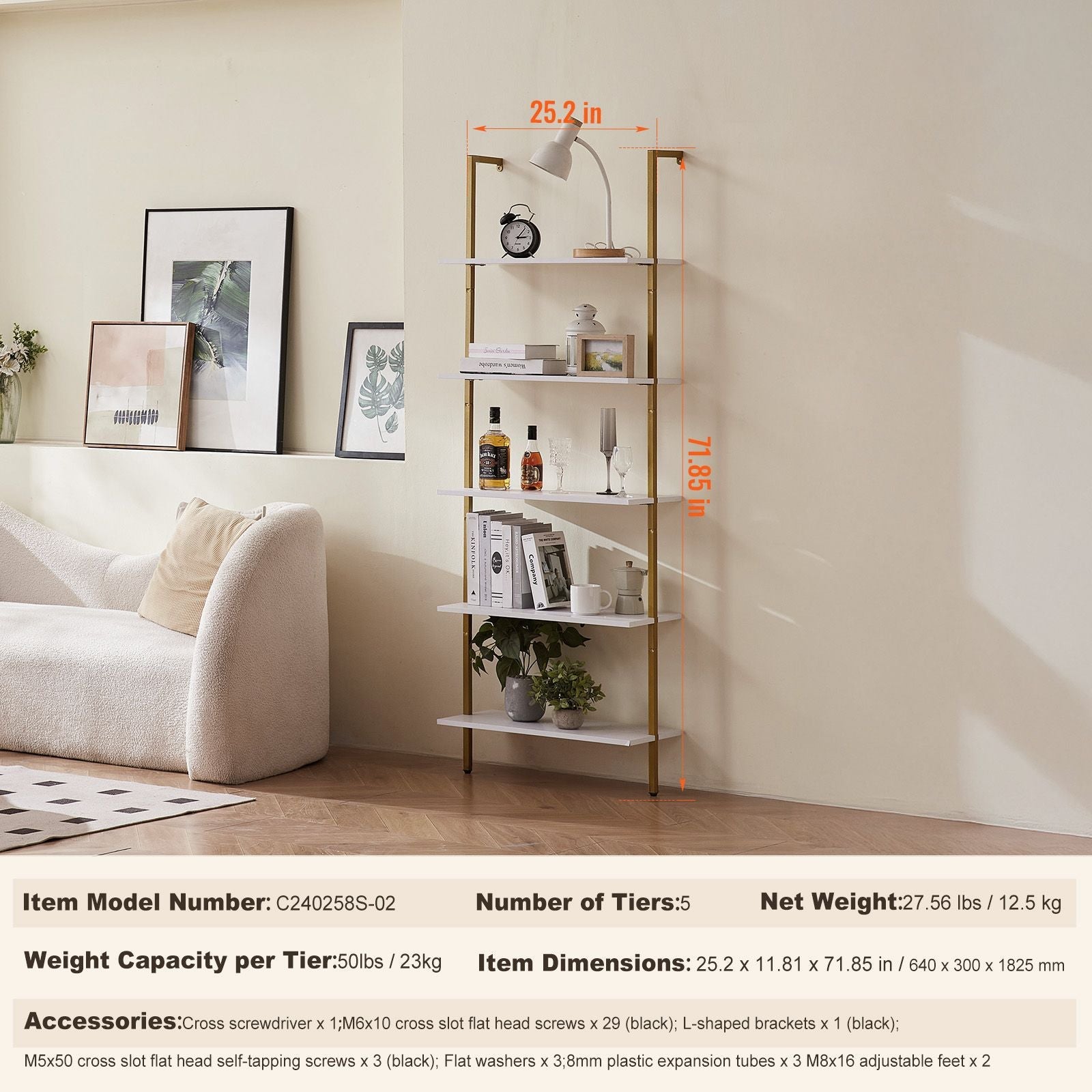 Ladder Shelf, 5-Tier Bookshelf 24x11.8in, Open Wall-Mounted Ladder Shelf with Metal Frame,Storage Rack Sundries Holder for Kitchen Bedroom Bathroom Living Room, Gold White - Cool Brand Designs