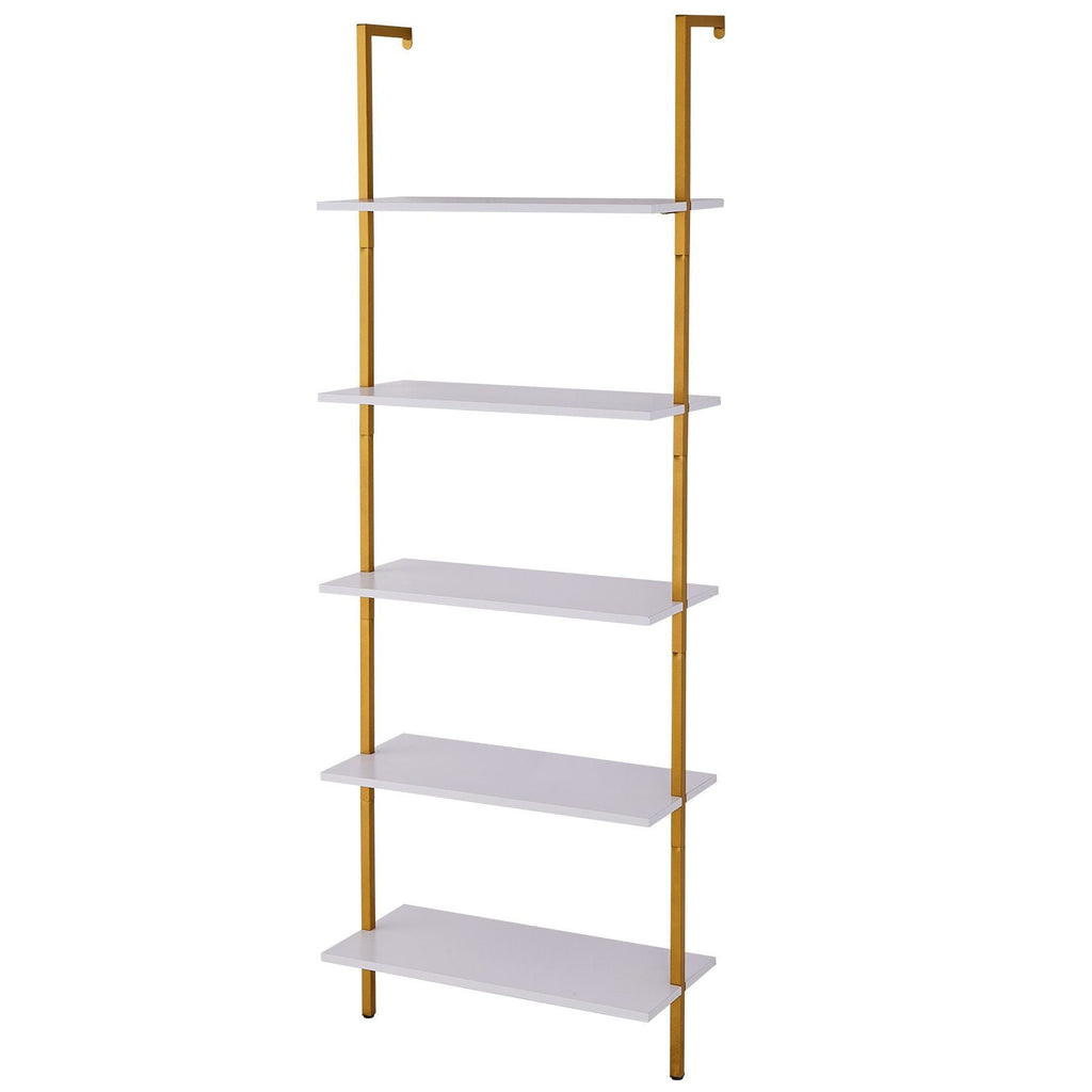 Ladder Shelf, 5-Tier Bookshelf 24x11.8in, Open Wall-Mounted Ladder Shelf with Metal Frame,Storage Rack Sundries Holder for Kitchen Bedroom Bathroom Living Room, Gold White - Cool Brand Designs
