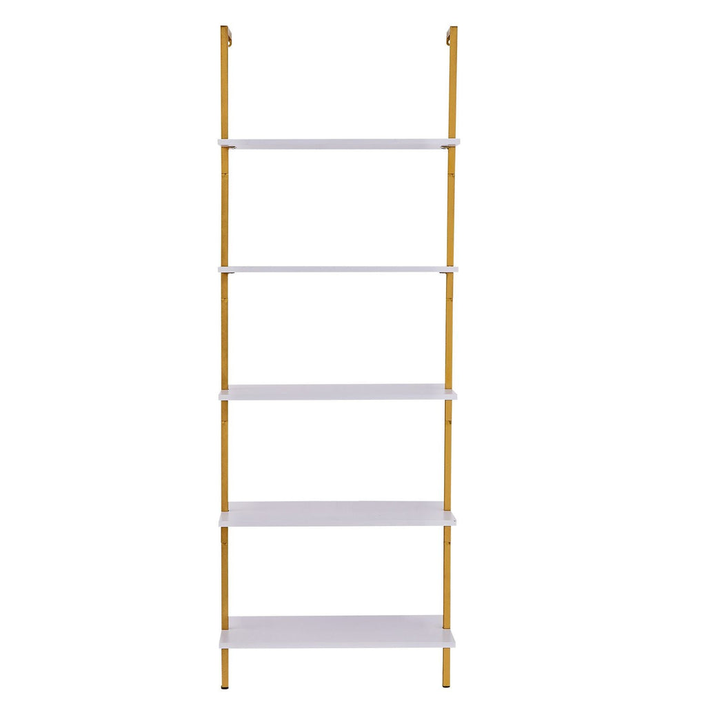 Ladder Shelf, 5-Tier Bookshelf 24x11.8in, Open Wall-Mounted Ladder Shelf with Metal Frame,Storage Rack Sundries Holder for Kitchen Bedroom Bathroom Living Room, Gold White - Cool Brand Designs