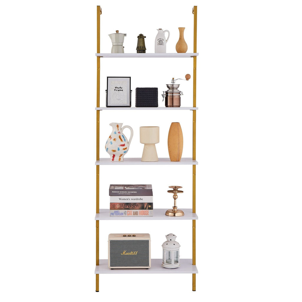 Ladder Shelf, 5-Tier Bookshelf 24x11.8in, Open Wall-Mounted Ladder Shelf with Metal Frame,Storage Rack Sundries Holder for Kitchen Bedroom Bathroom Living Room, Gold White - Cool Brand Designs