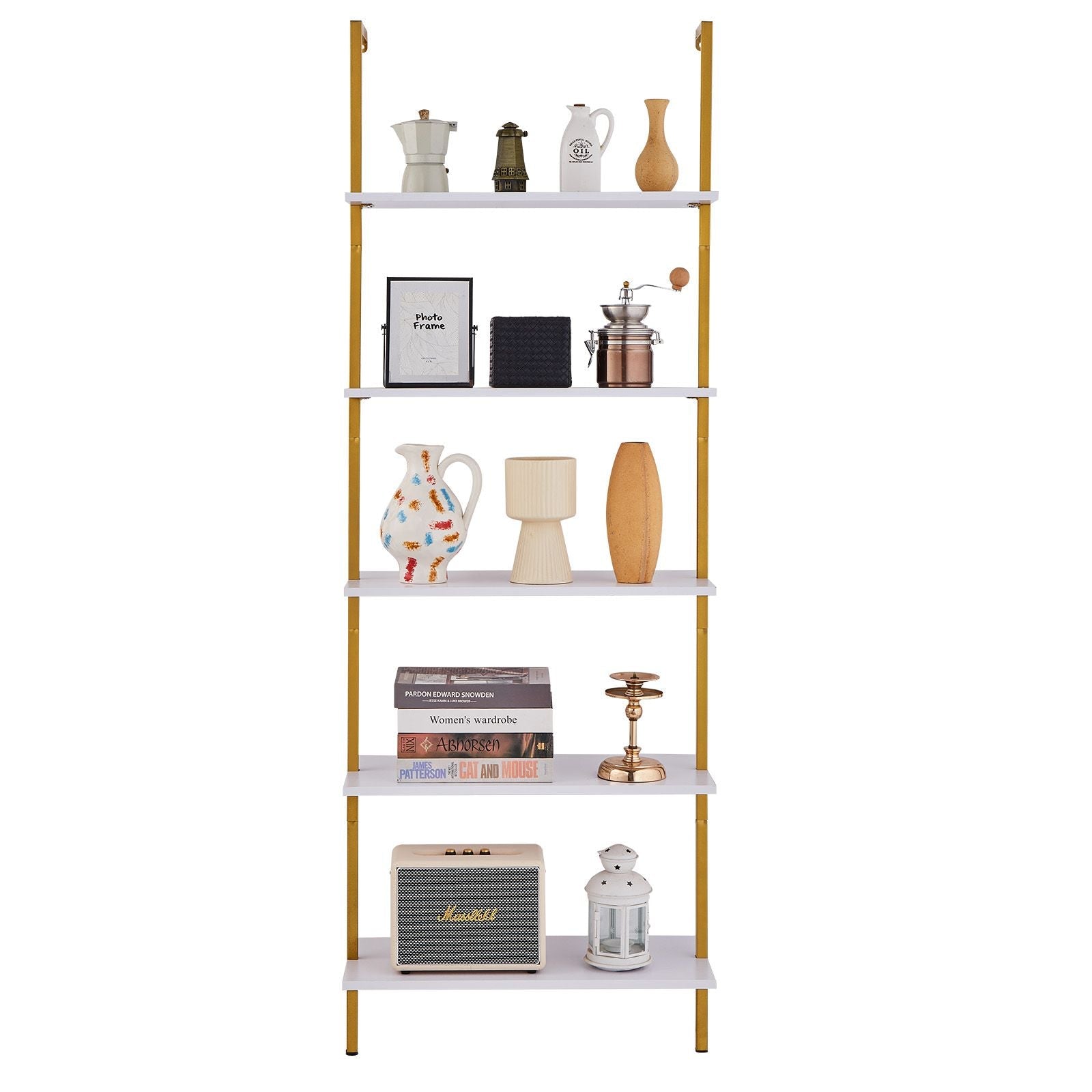 Ladder Shelf, 5-Tier Bookshelf 24x11.8in, Open Wall-Mounted Ladder Shelf with Metal Frame,Storage Rack Sundries Holder for Kitchen Bedroom Bathroom Living Room, Gold White - Cool Brand Designs