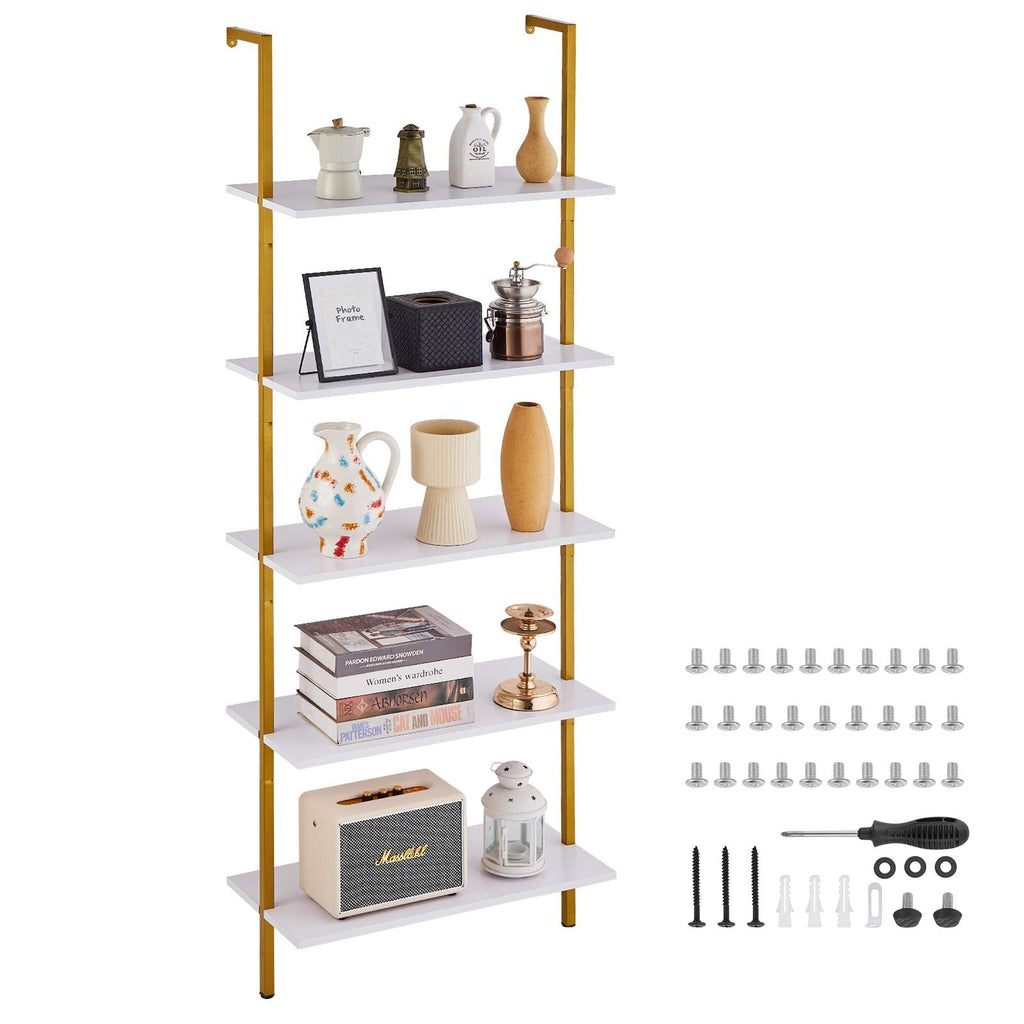 Ladder Shelf, 5-Tier Bookshelf 24x11.8in, Open Wall-Mounted Ladder Shelf with Metal Frame,Storage Rack Sundries Holder for Kitchen Bedroom Bathroom Living Room, Gold White - Cool Brand Designs