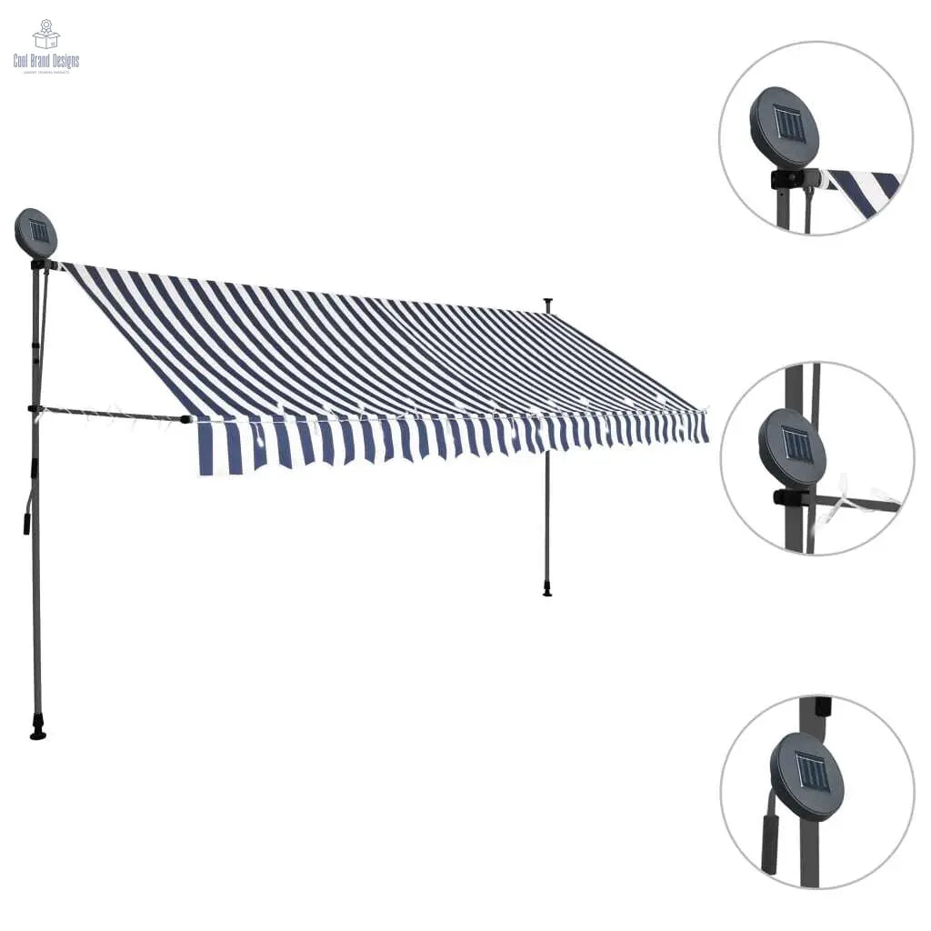 Manual Retractable Awning with LED 137.8" Blue and White - Cool Brand Designs