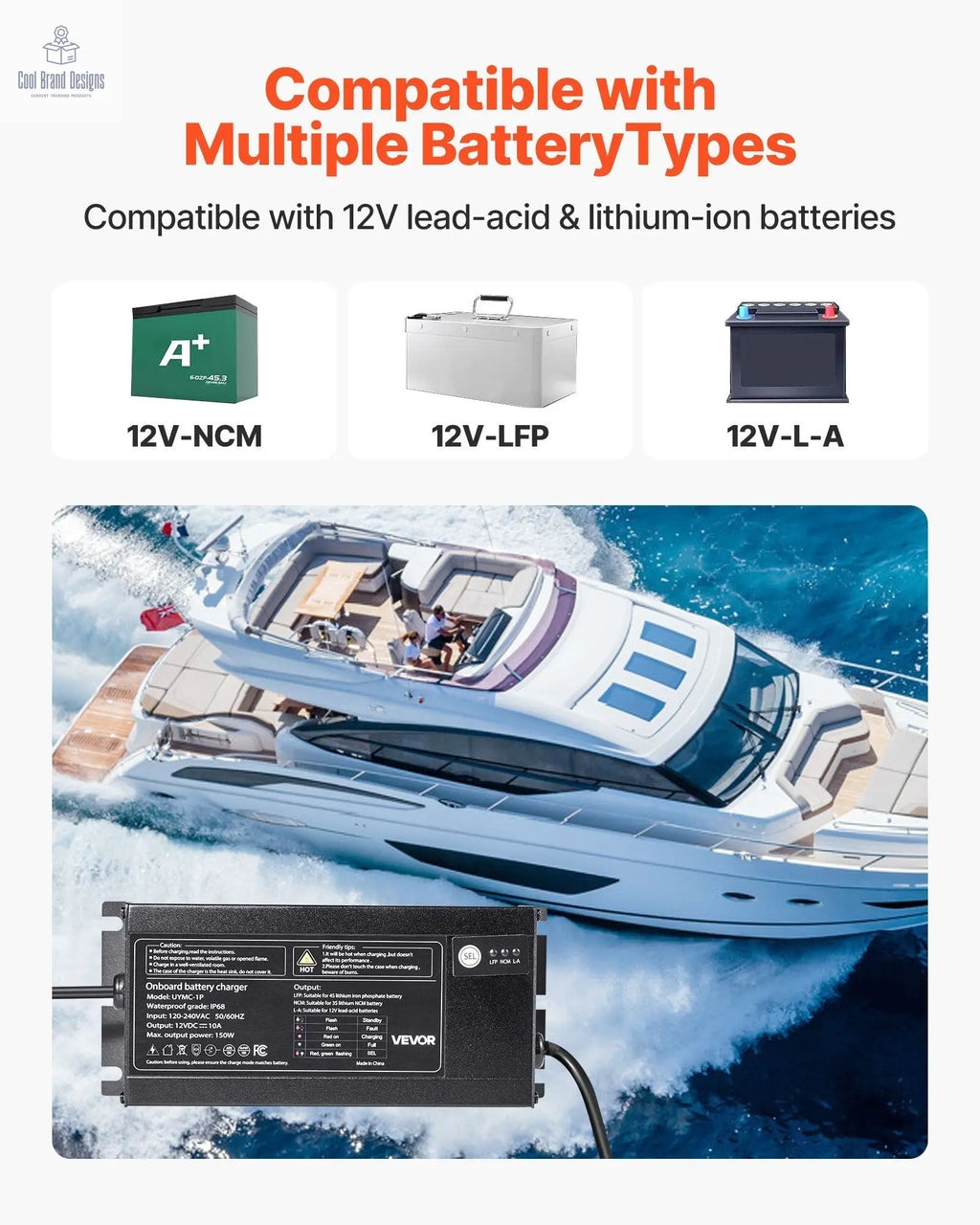Marine Battery Charger, 1 - Bank, 10A 12V Onboard Boat Charger, IP68 Waterproof Smart On - Board Battery Charger, for Lithium - Ion (LiFePO4), NCM, Lead - Acid Batteries, Large Boat, Yacht, RV, Trailer - Cool Brand Designs