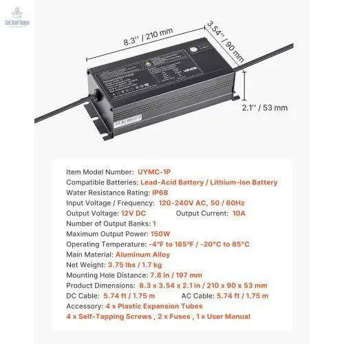 Marine Battery Charger, 1 - Bank, 10A 12V Onboard Boat Charger, IP68 Waterproof Smart On - Board Battery Charger, for Lithium - Ion (LiFePO4), NCM, Lead - Acid Batteries, Large Boat, Yacht, RV, Trailer - Cool Brand Designs