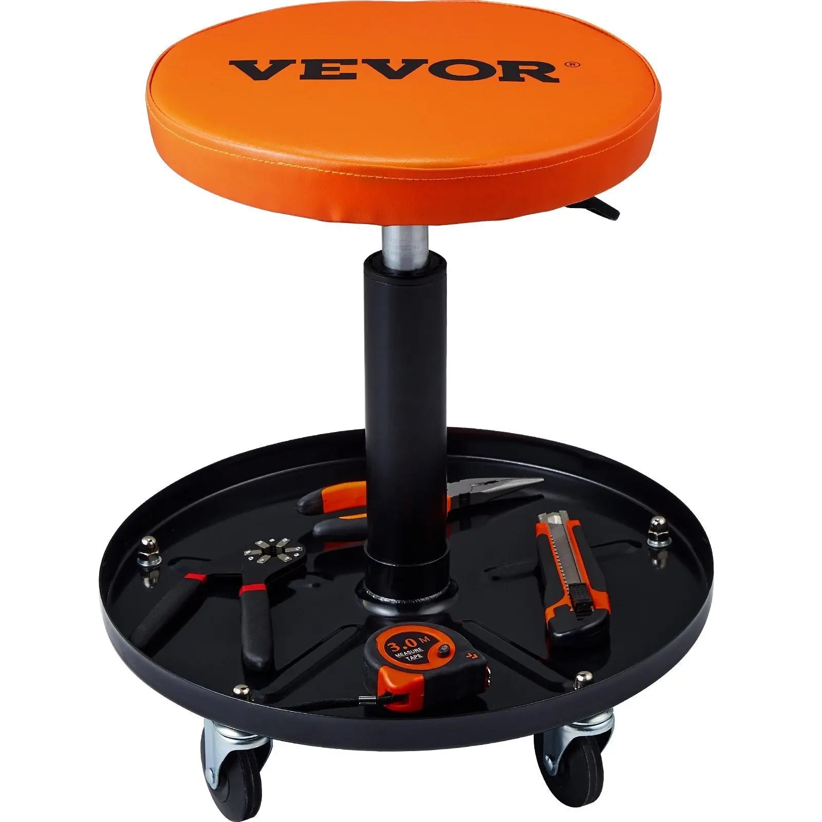 Mechanic Stool, 250 LBS Rolling Pneumatic Creeper Garage/Shop Seat, Adjustable Height 22 in-28 in Padded Rolling Workshop Stool with Tool Tray, for Garage, Shop, Auto Repair, Black+Orange VEVOR