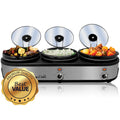 MegaChef Triple 2.5 Quart Slow Cooker and Buffet Server in Brushed Silver and Black Finish with 3 Ceramic Cooking Pots and Removable Lid Rests Megachef