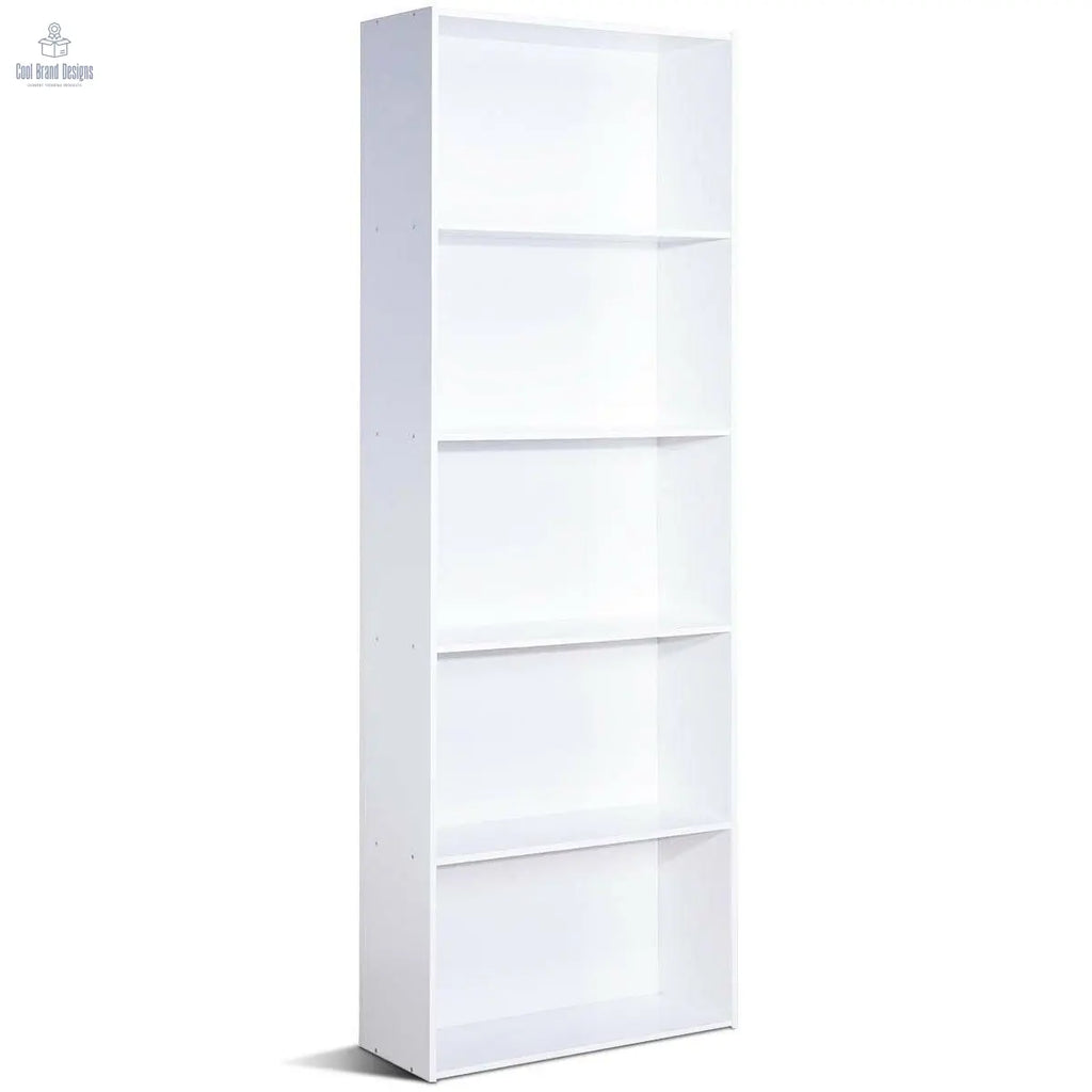 Modern 5 - Tier Bookcase Storage Shelf in White Wood Finish - Cool Brand Designs