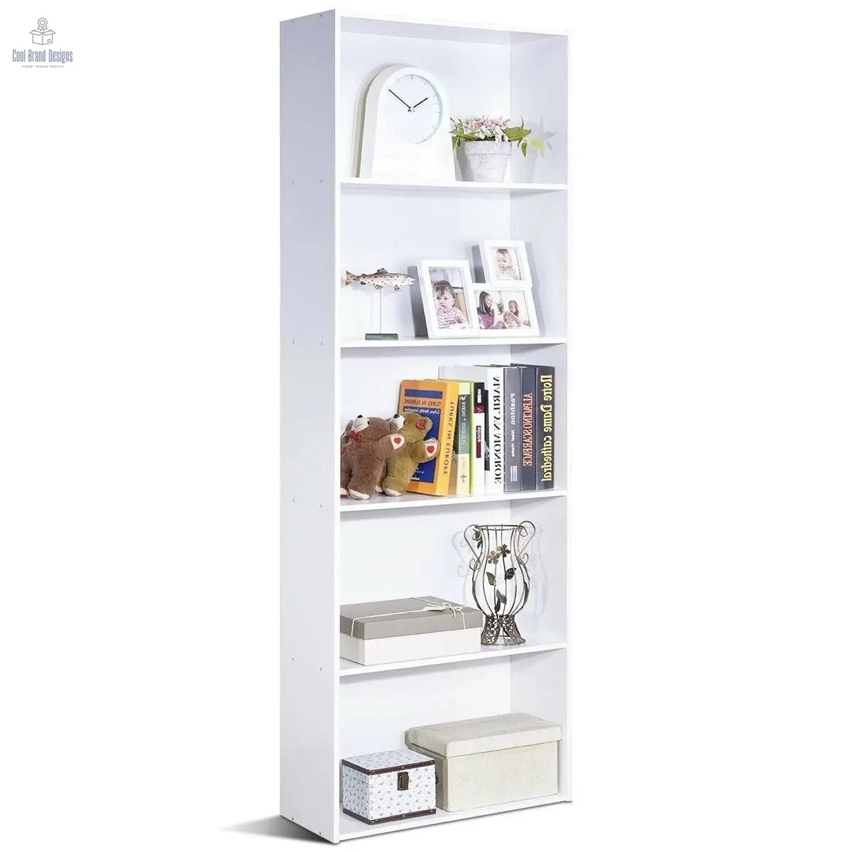 Modern 5 - Tier Bookcase Storage Shelf in White Wood Finish - Cool Brand Designs
