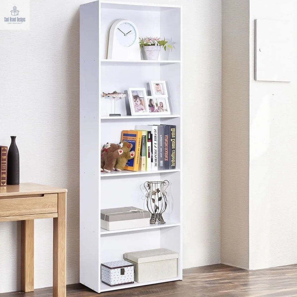 Modern 5 - Tier Bookcase Storage Shelf in White Wood Finish - Cool Brand Designs