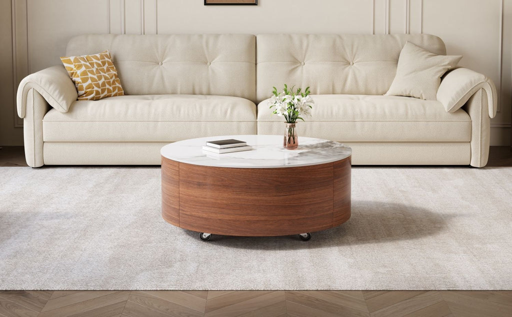 Modern Round Movable Coffee Table with Casters, 2 Drawers, Marble Pattern Sintered Stone Top, Walnut, 29.5" - Cool Brand Designs
