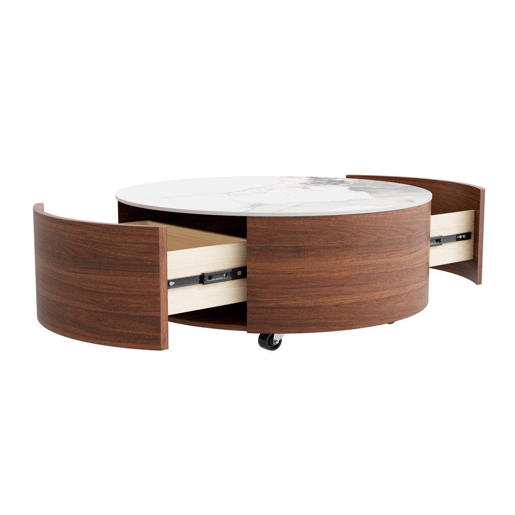 Modern Round Movable Coffee Table with Casters, 2 Drawers, Marble Pattern Sintered Stone Top, Walnut, 29.5" - Cool Brand Designs