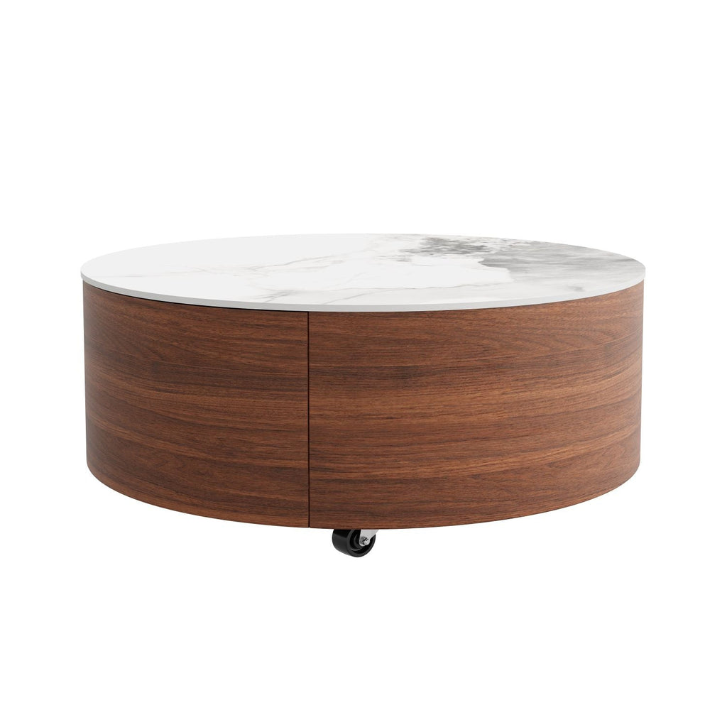 Modern Round Movable Coffee Table with Casters, 2 Drawers, Marble Pattern Sintered Stone Top, Walnut, 29.5" - Cool Brand Designs