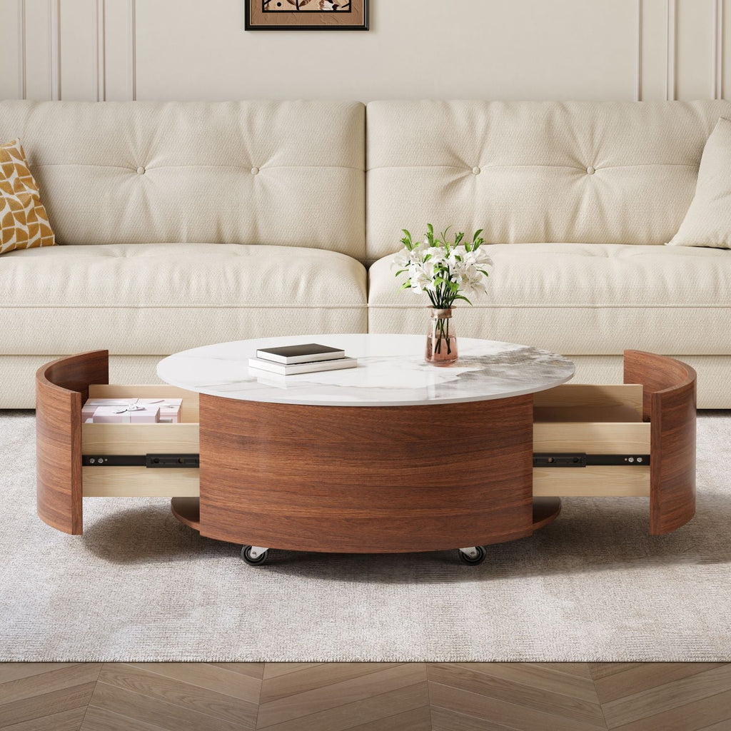 Modern Round Movable Coffee Table with Casters, 2 Drawers, Marble Pattern Sintered Stone Top, Walnut, 29.5" - Cool Brand Designs
