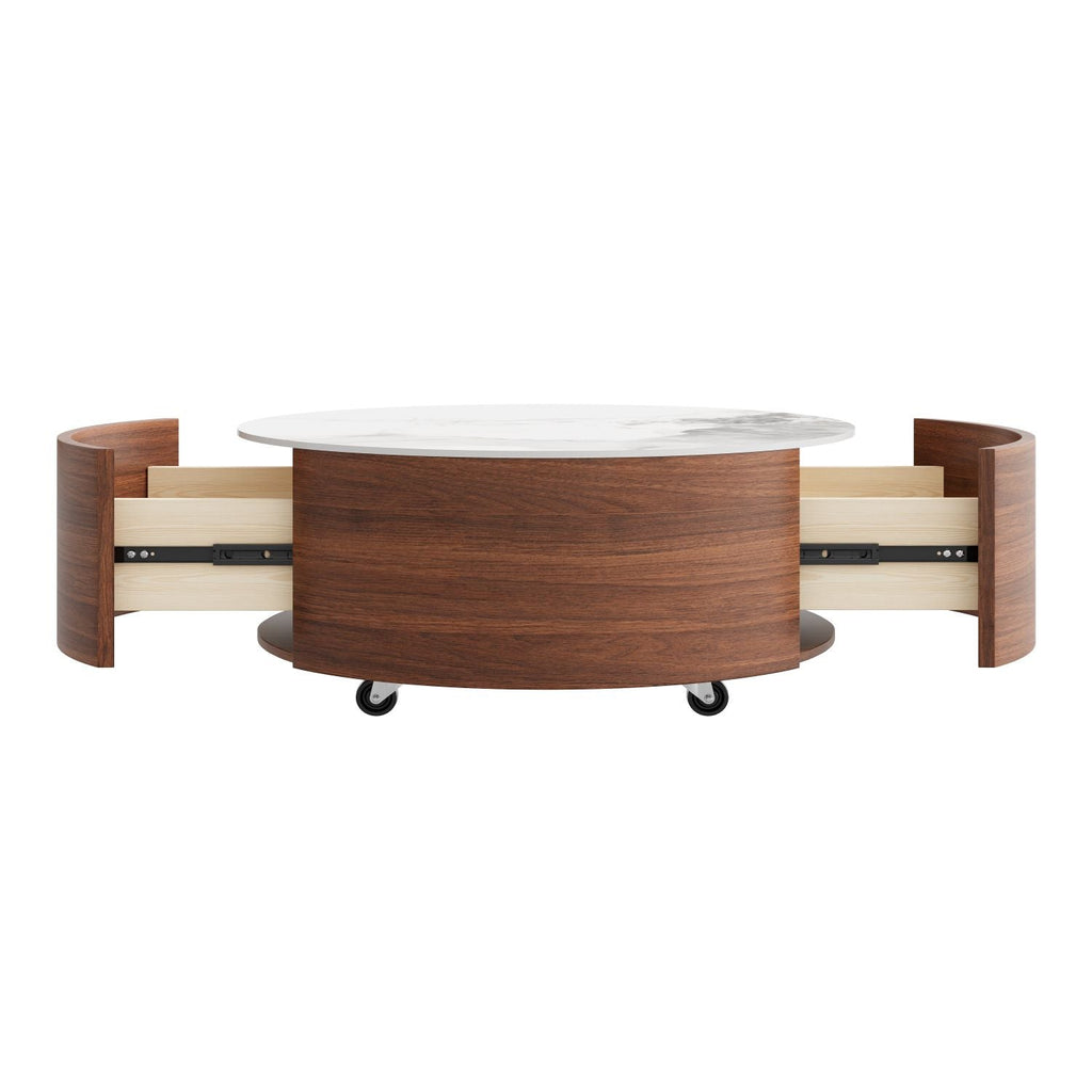 Modern Round Movable Coffee Table with Casters, 2 Drawers, Marble Pattern Sintered Stone Top, Walnut, 29.5" - Cool Brand Designs