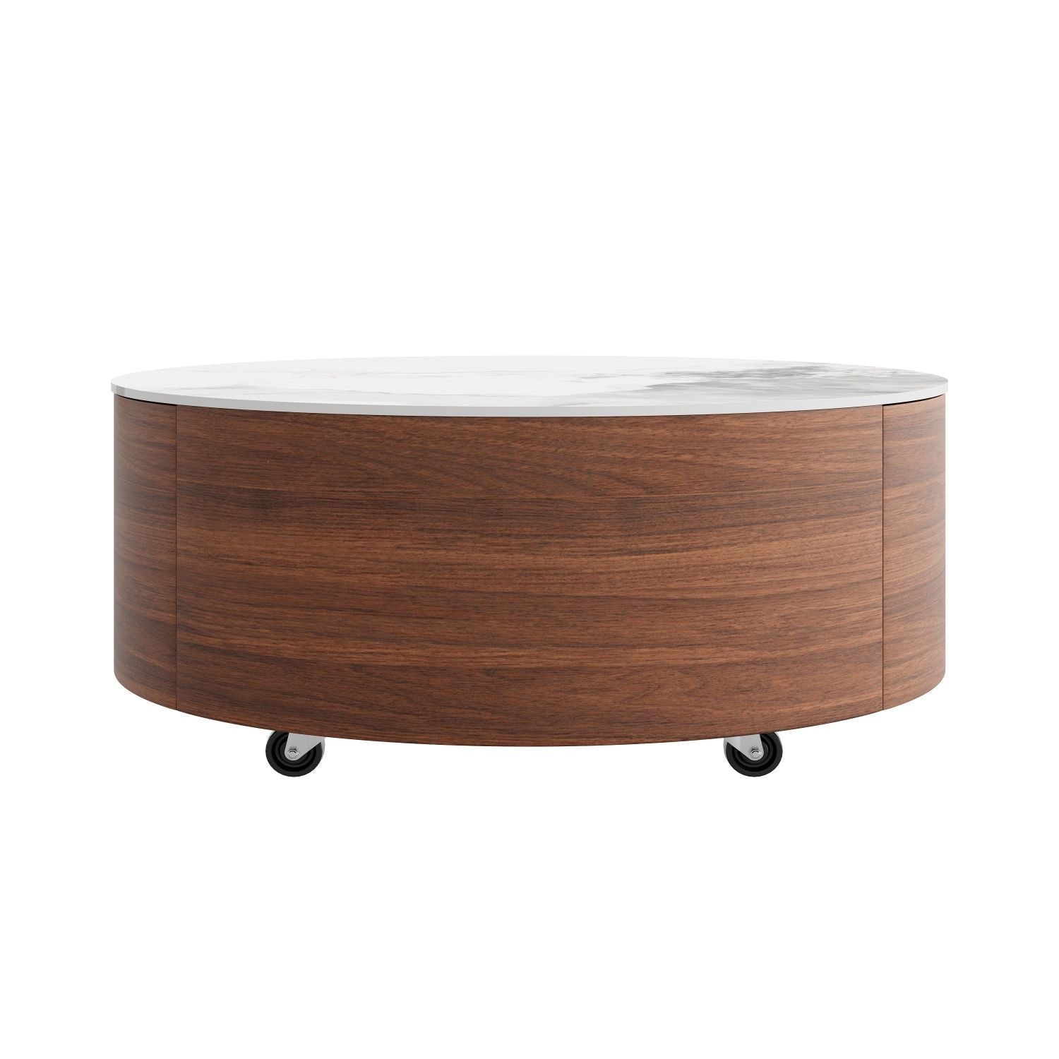 Modern Round Movable Coffee Table with Casters, 2 Drawers, Marble Pattern Sintered Stone Top, Walnut, 29.5" - Cool Brand Designs