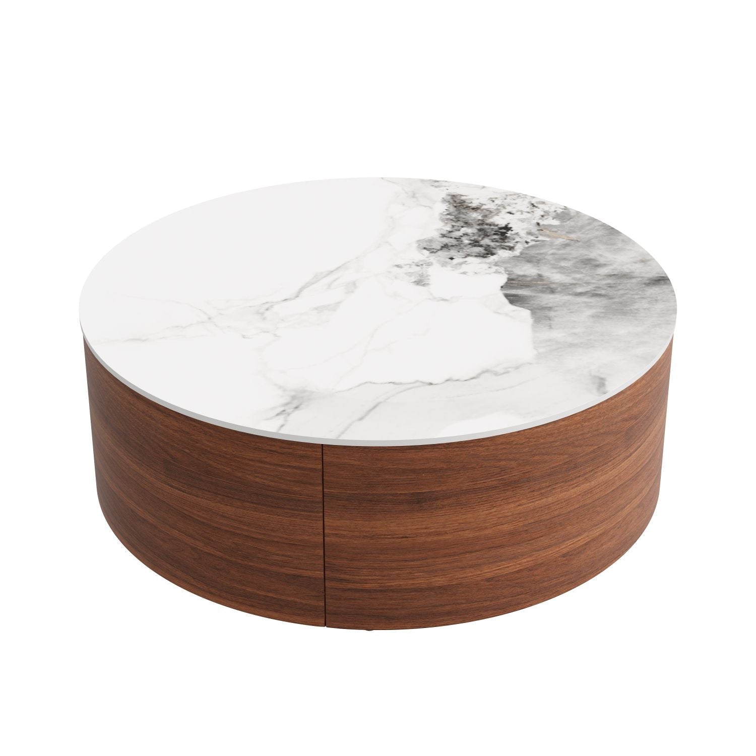 Modern Round Movable Coffee Table with Casters, 2 Drawers, Marble Pattern Sintered Stone Top, Walnut, 29.5" - Cool Brand Designs