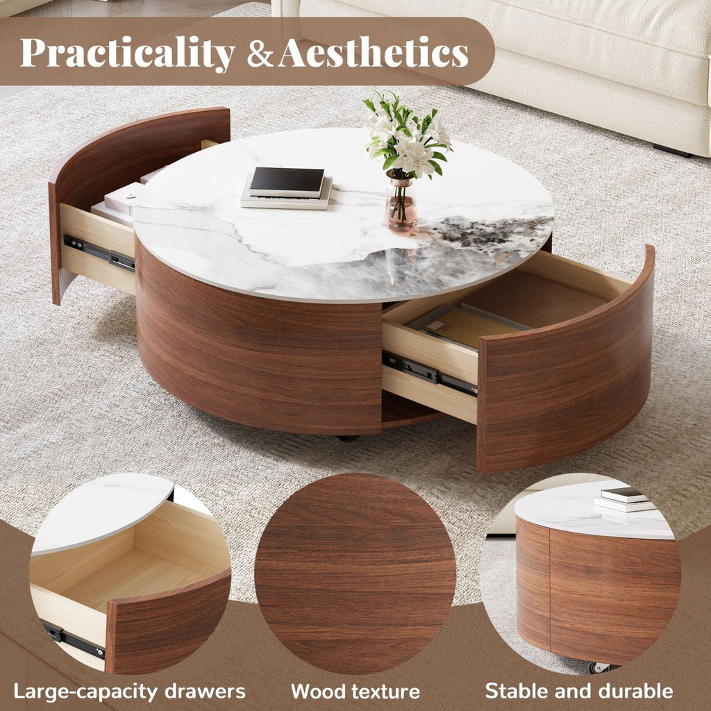 Modern Round Movable Coffee Table with Casters, 2 Drawers, Marble Pattern Sintered Stone Top, Walnut, 29.5" - Cool Brand Designs