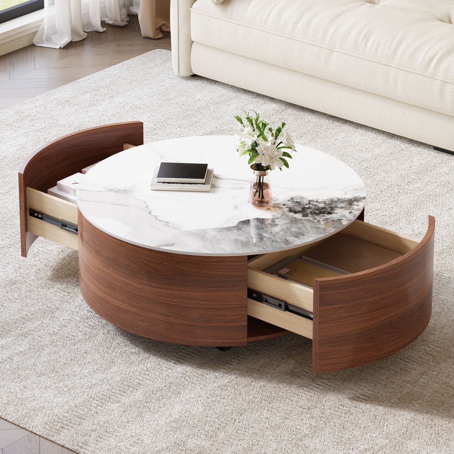 Modern Round Movable Coffee Table with Casters, 2 Drawers, Marble Pattern Sintered Stone Top, Walnut, 29.5" - Cool Brand Designs