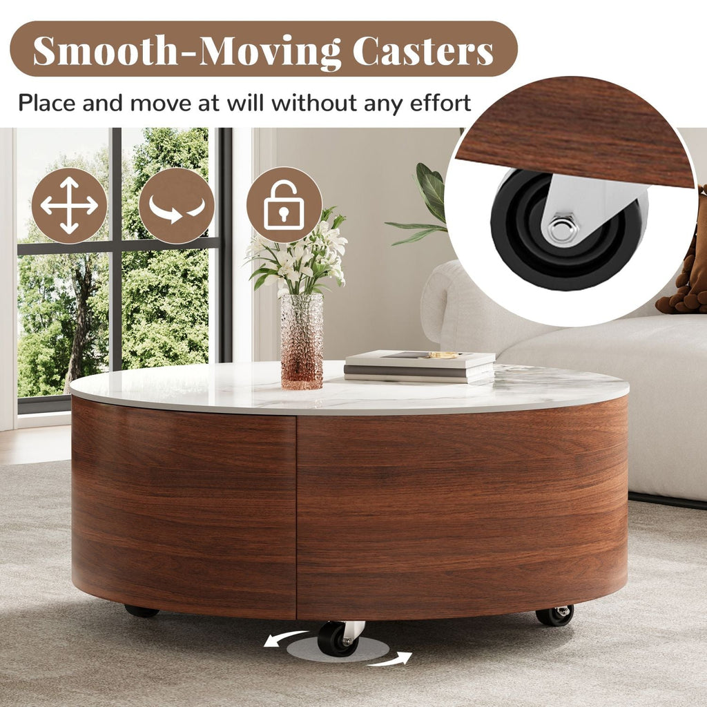 Modern Round Movable Coffee Table with Casters, 2 Drawers, Marble Pattern Sintered Stone Top, Walnut, 29.5" - Cool Brand Designs